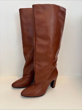NWOT! Women's Tall Brown Cognac Leather Block-Heel Boots